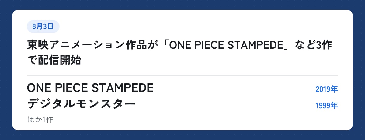 8月3日:東映アニメーション作品が「ONE PIECE STAMPEDE」など3作で配信開始。ONE PIECE STAMPEDE(2019年)、デジタルモンスター(1999年)ほか1作
