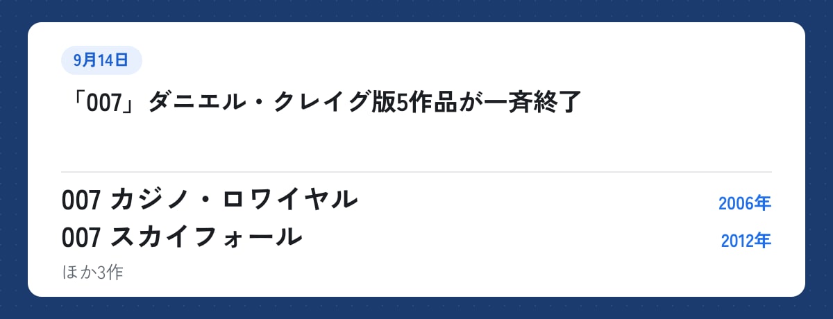 9月14日:「007」ダニエル・クレイグ版5作品が一斉終了。007 カジノ・ロワイヤル(2006年)、007 スカイフォール(2012年)ほか3作